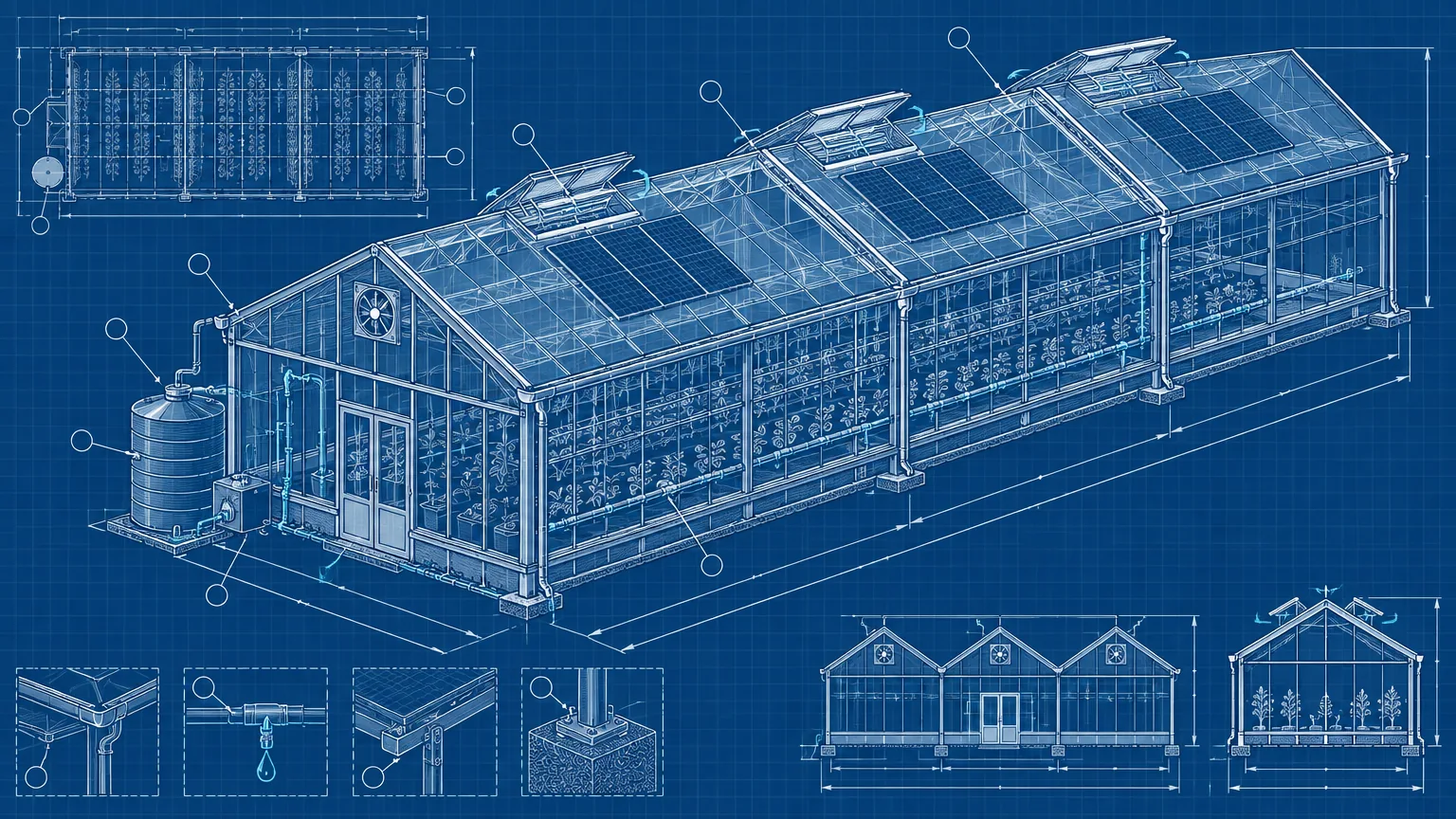 Blueprint-style isometric drawing of a multi-span solar greenhouse with plan and elevation views
