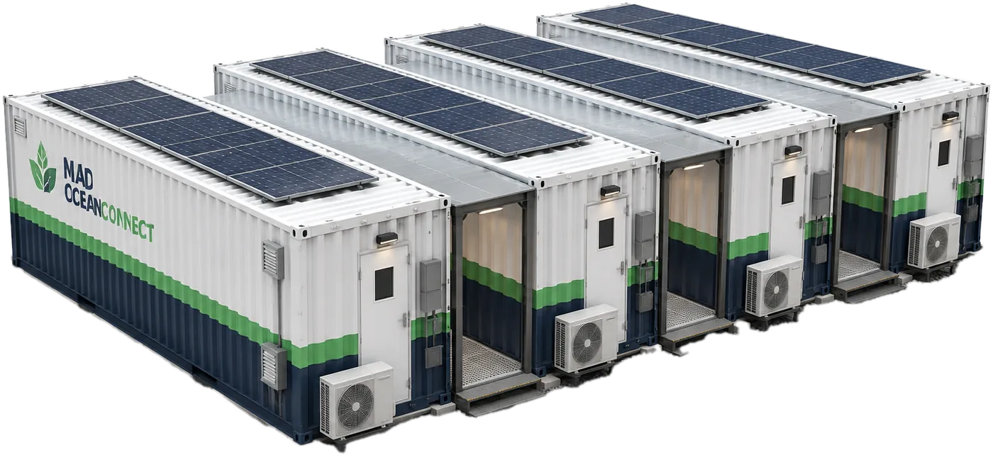 Four MAD OCEANCONNECT growing containers side by side with solar panels