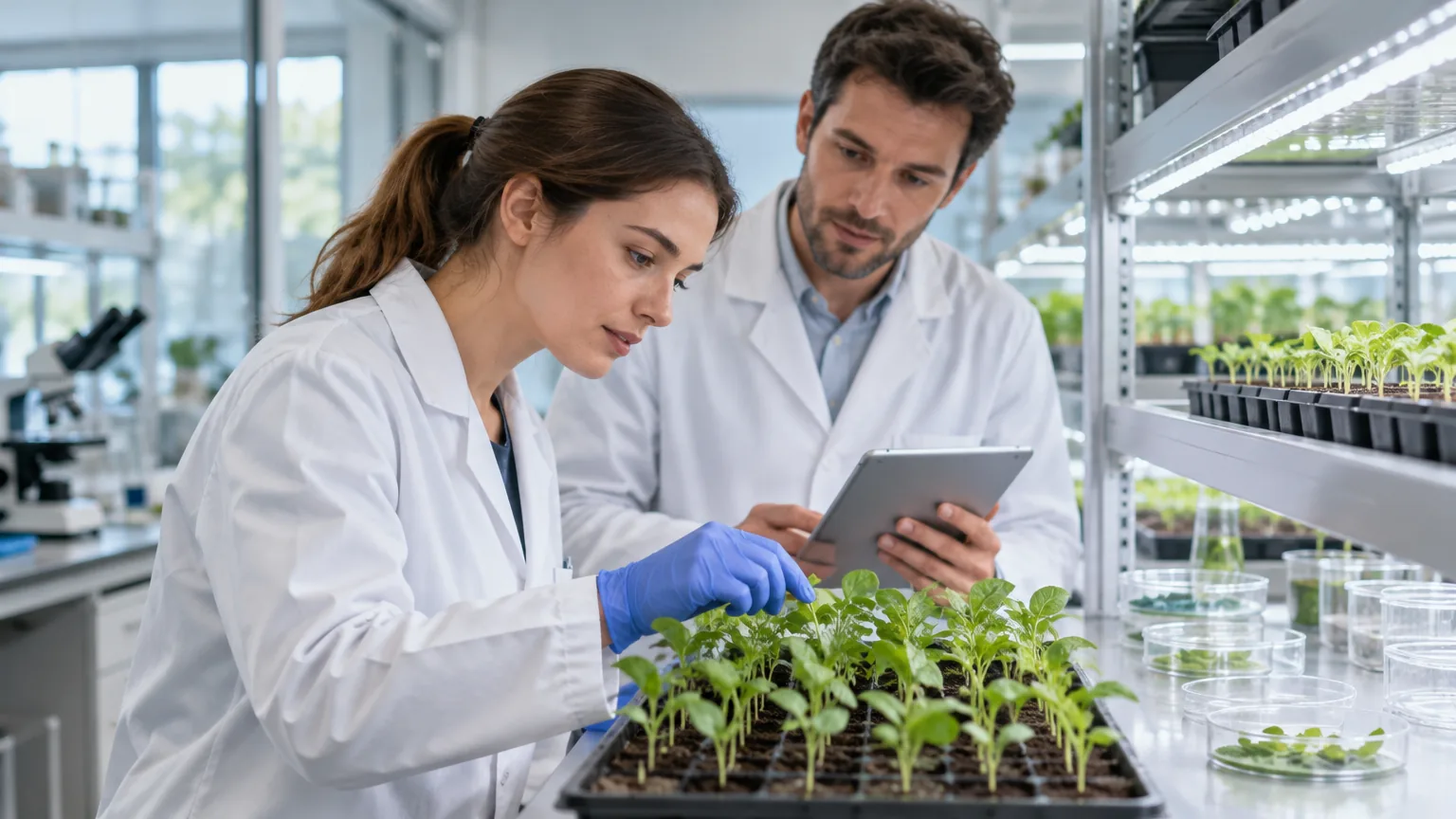 Two agronomists examining young seedlings in trays in a bright research laboratory