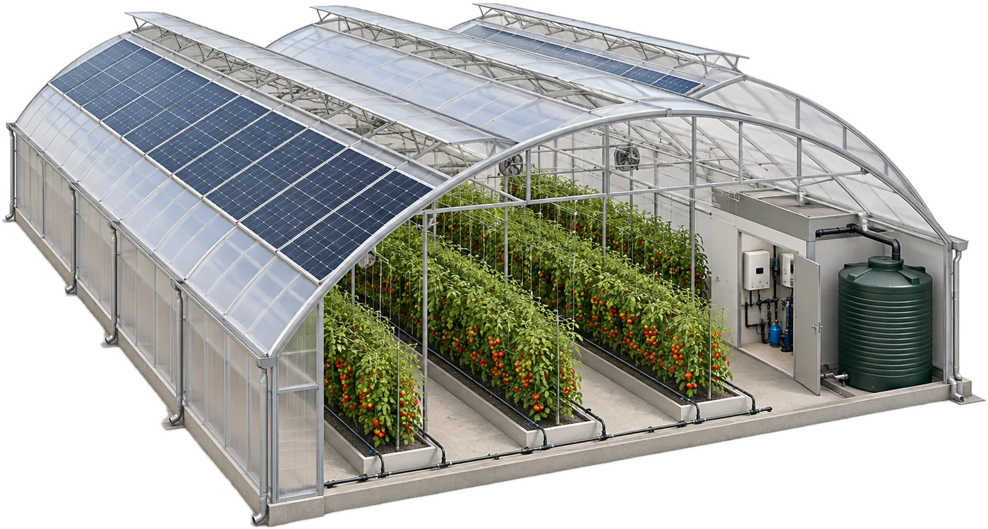 Cutaway view of a multi-span greenhouse with solar panels on the roof, tomato rows, irrigation, a rainwater tank and a technical room