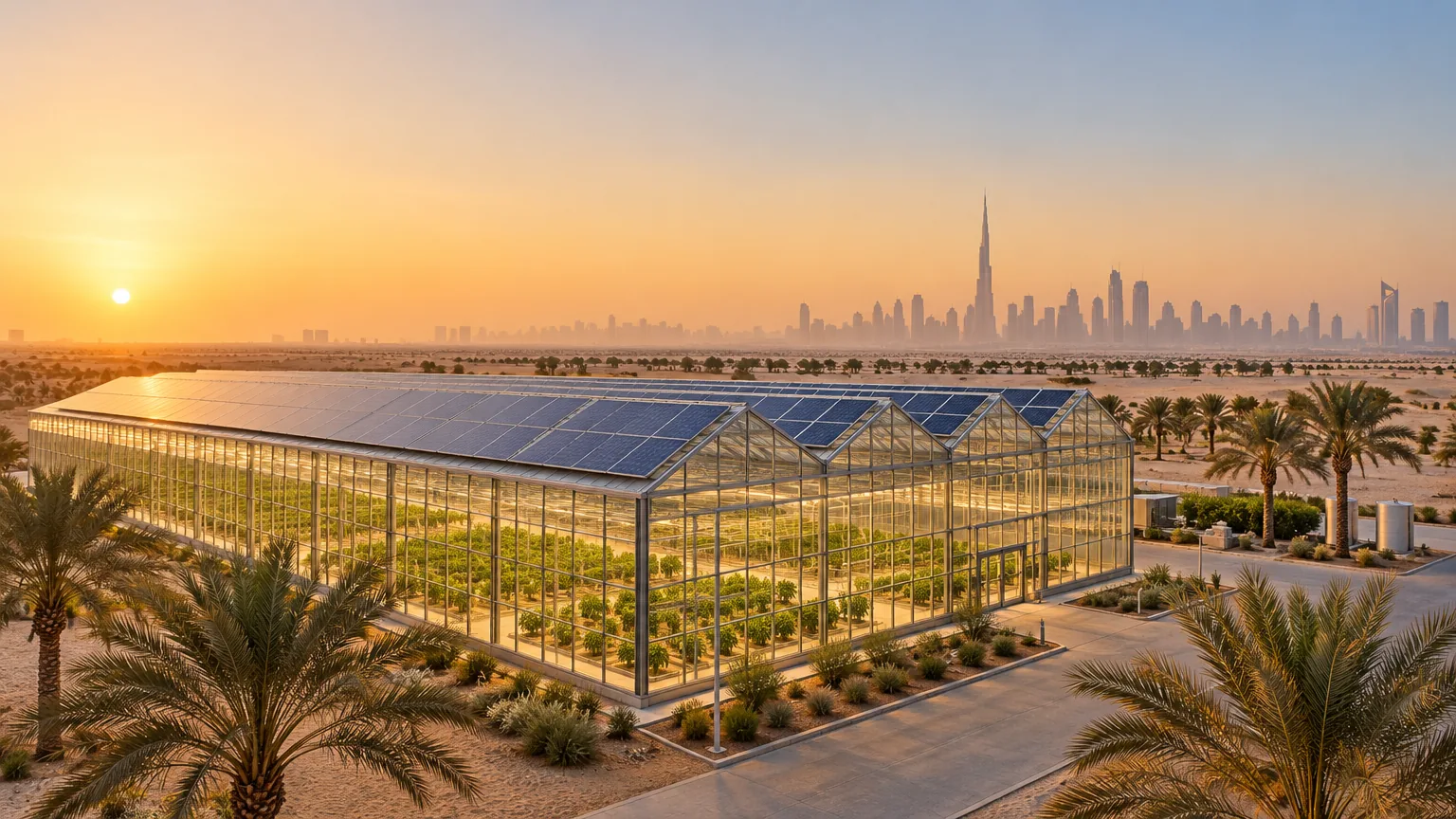 A greenhouse with solar panels on a desert site in the UAE