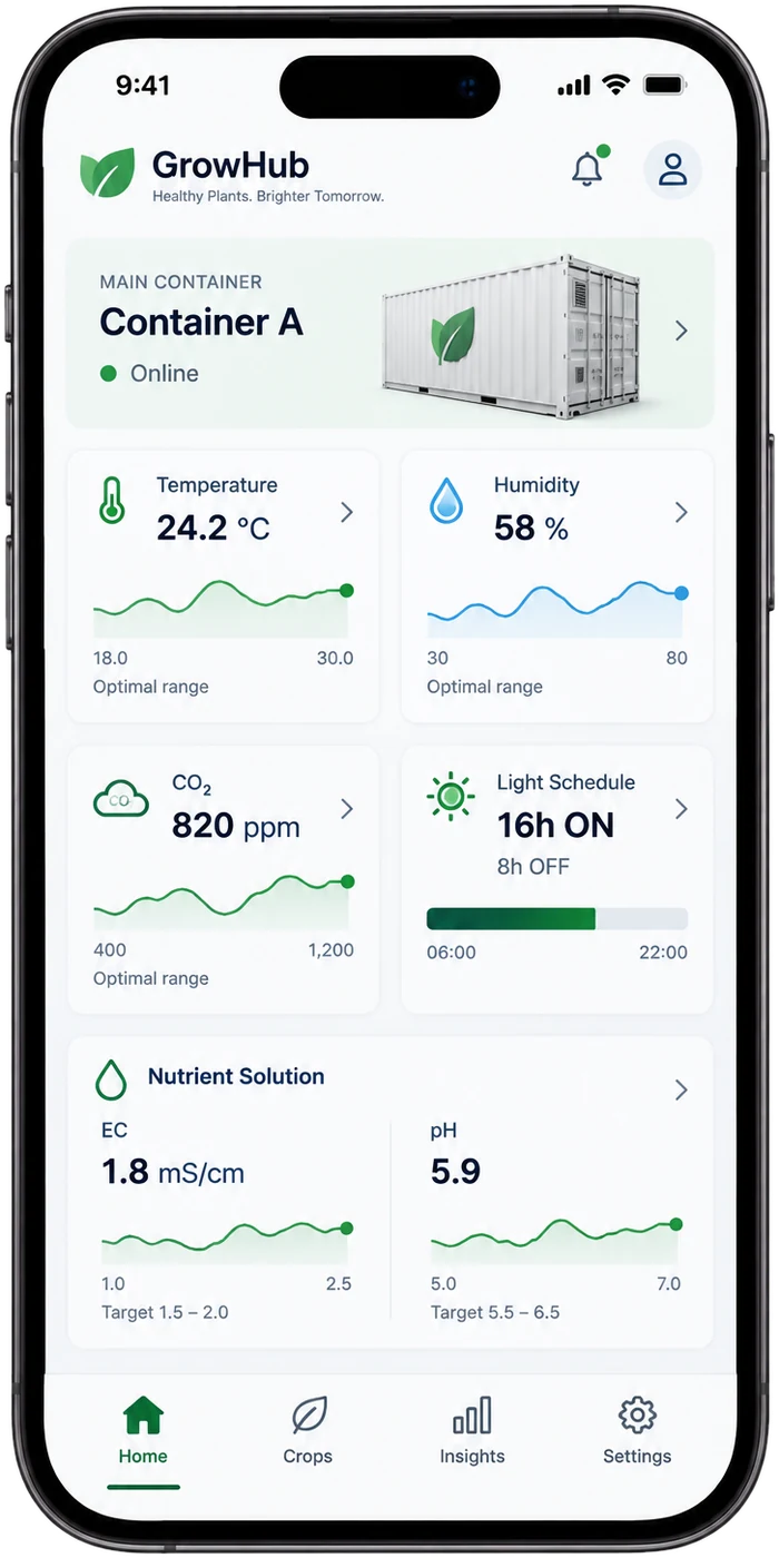 Smartphone showing the growing-room monitoring app