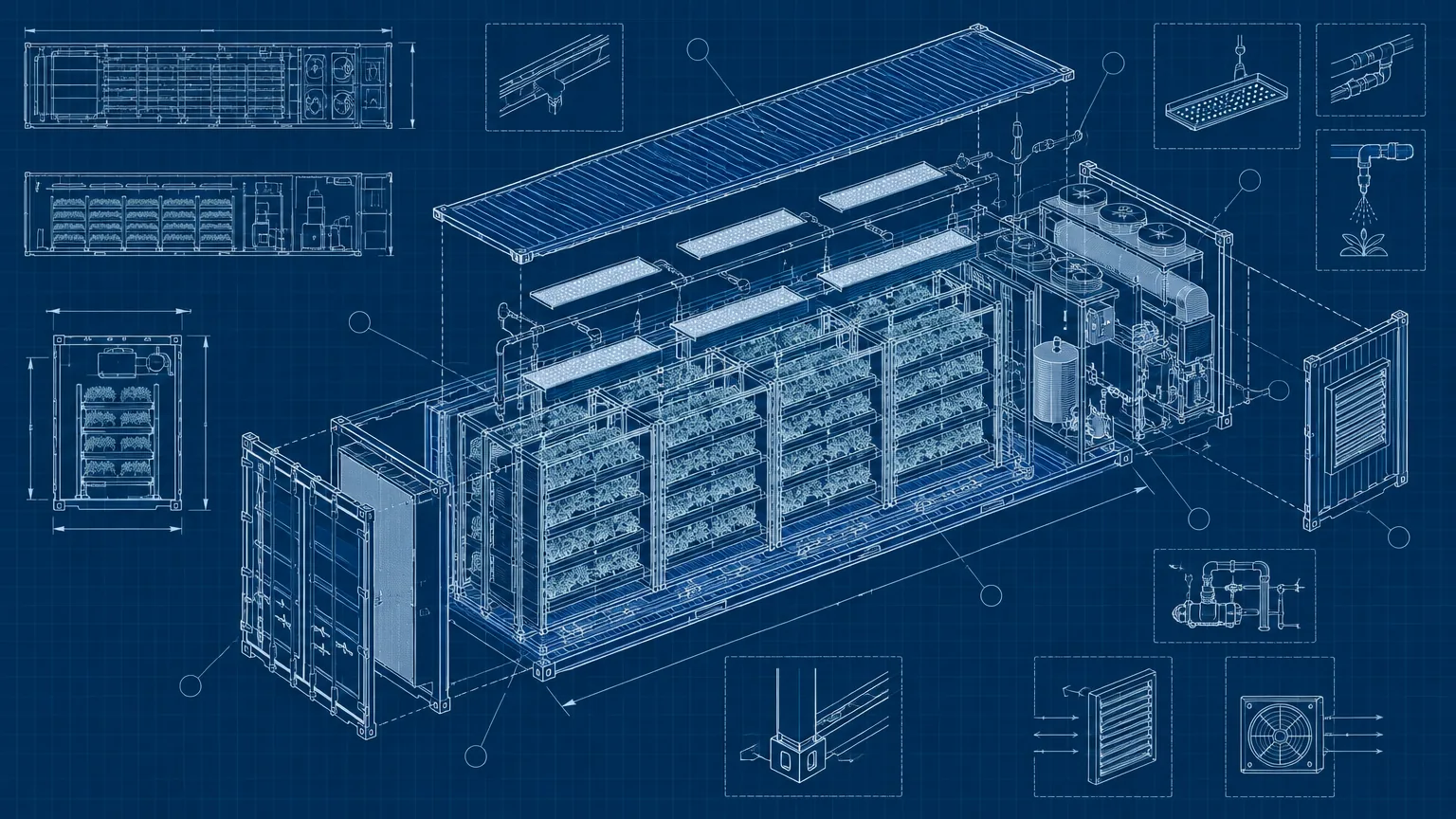 Blueprint-style isometric exploded view of a 40-foot growing container