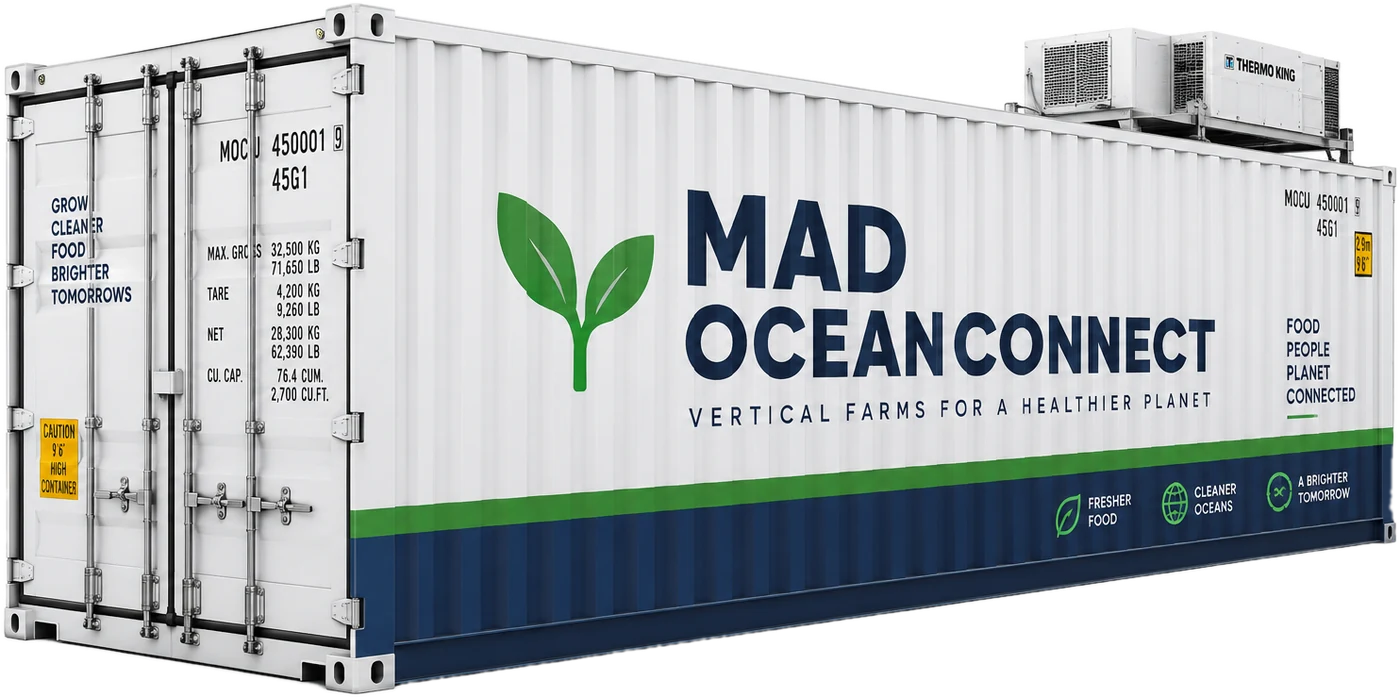 A 40-foot MAD OCEANCONNECT growing container, white and navy with a green stripe