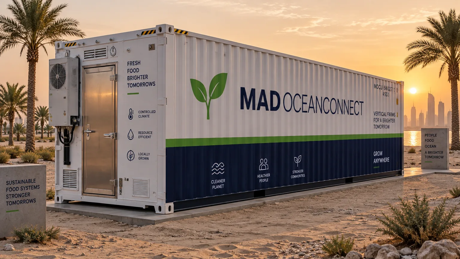 A white and navy MAD OCEANCONNECT 40-foot growing container with solar panels on a desert site at golden hour