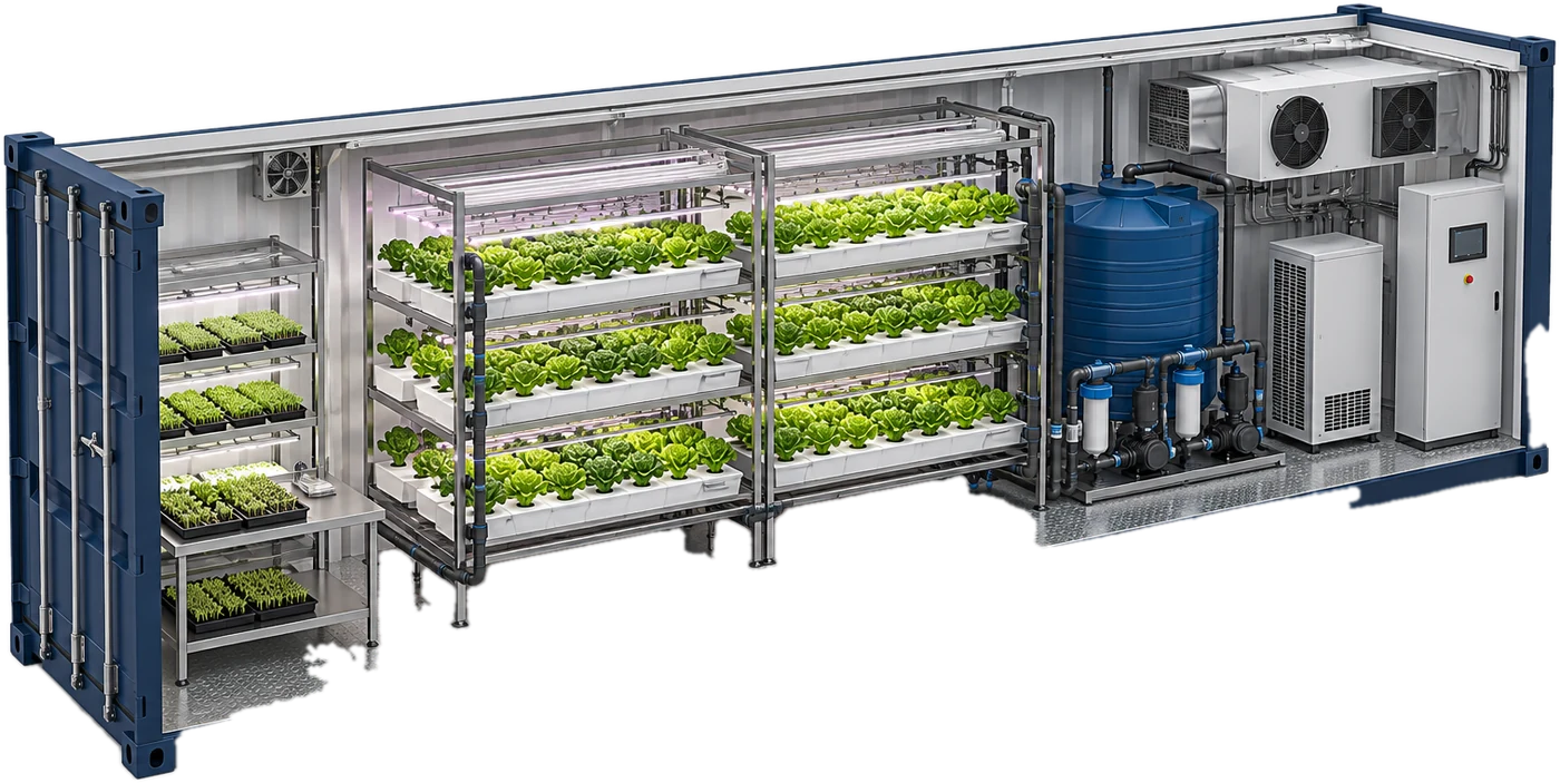 Cutaway view of a 40-foot growing container showing the nursery, growing racks, water tank and climate equipment