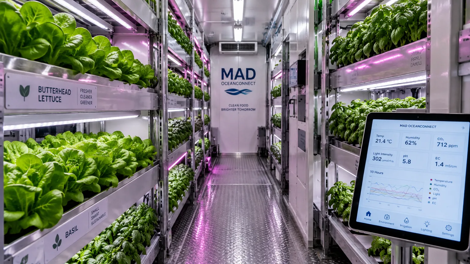 Inside a growing container: tiers of lettuce and basil under LED light and a control tablet