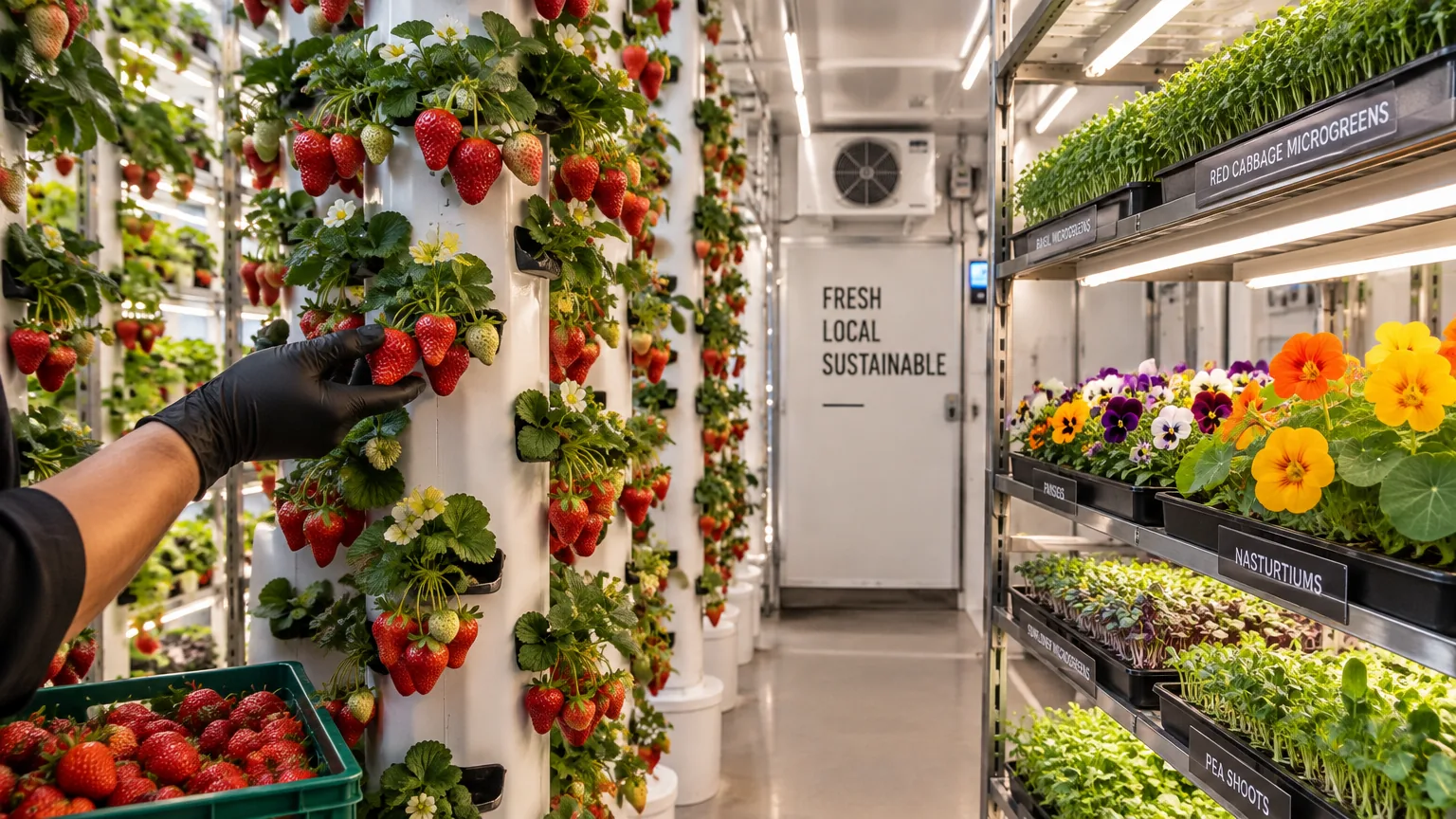 Inside a growing container: strawberry towers, microgreens and edible flowers