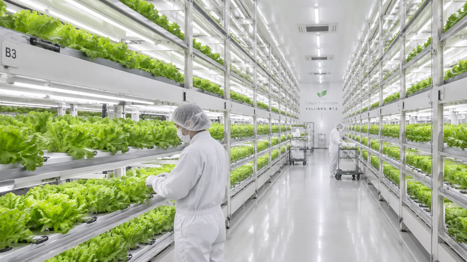A very clean plant factory in Japan with tiers of lettuce under white LED light