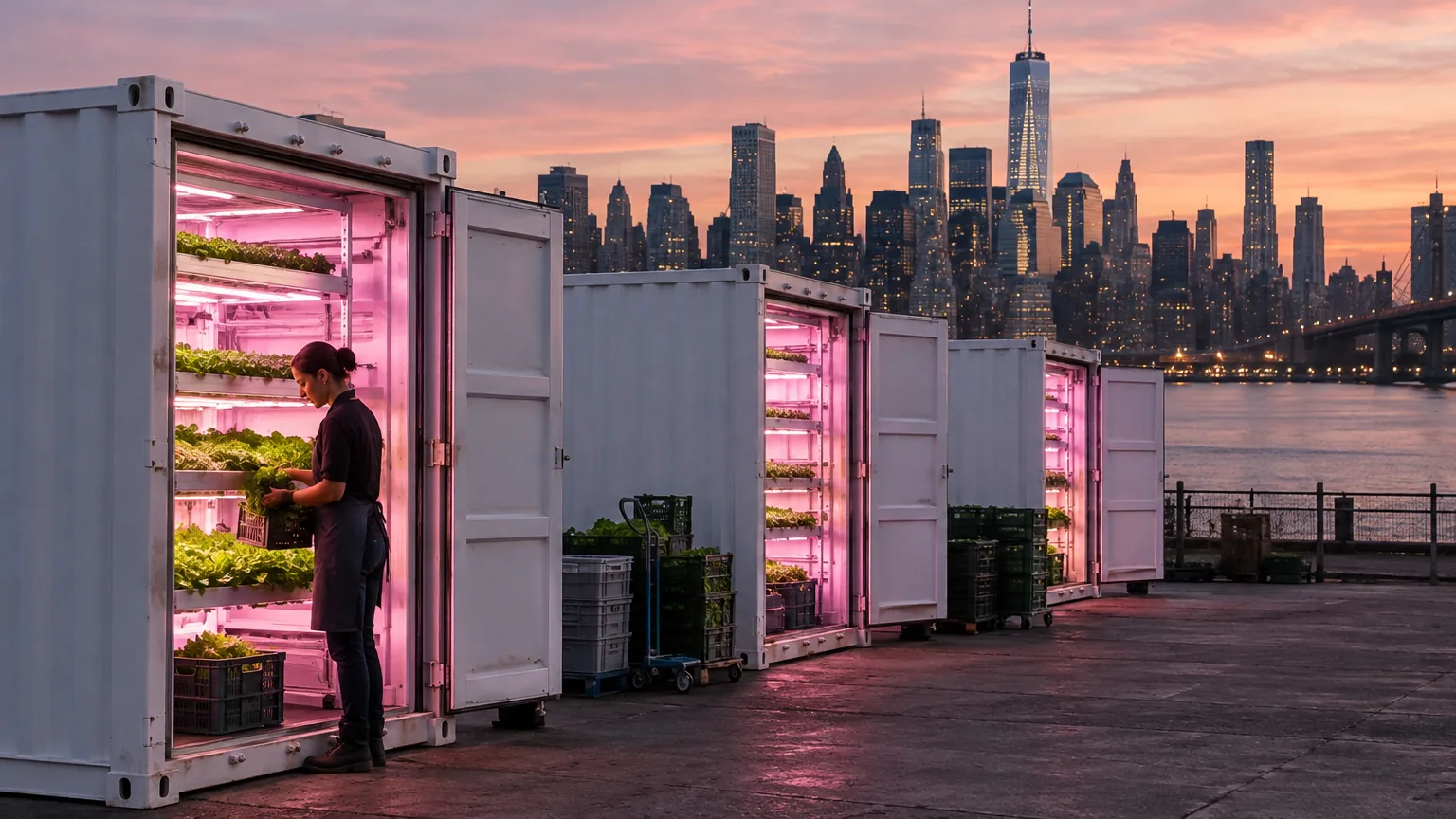 Plain white container farms on an urban lot in Brooklyn with the Manhattan skyline behind
