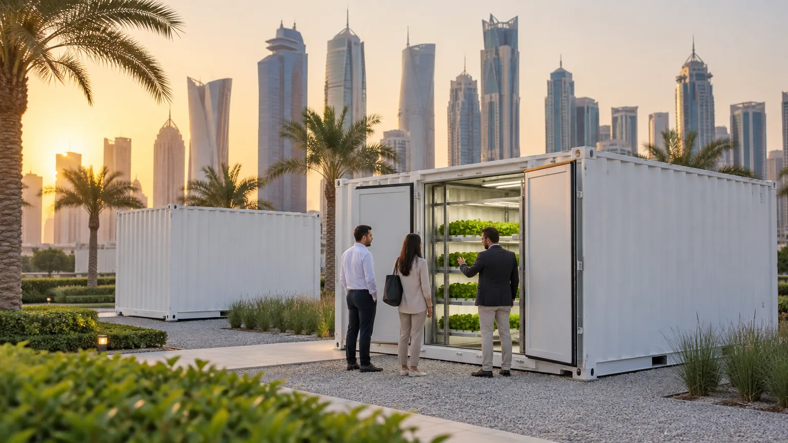 White container farms on a landscaped site in Doha with the West Bay skyline behind