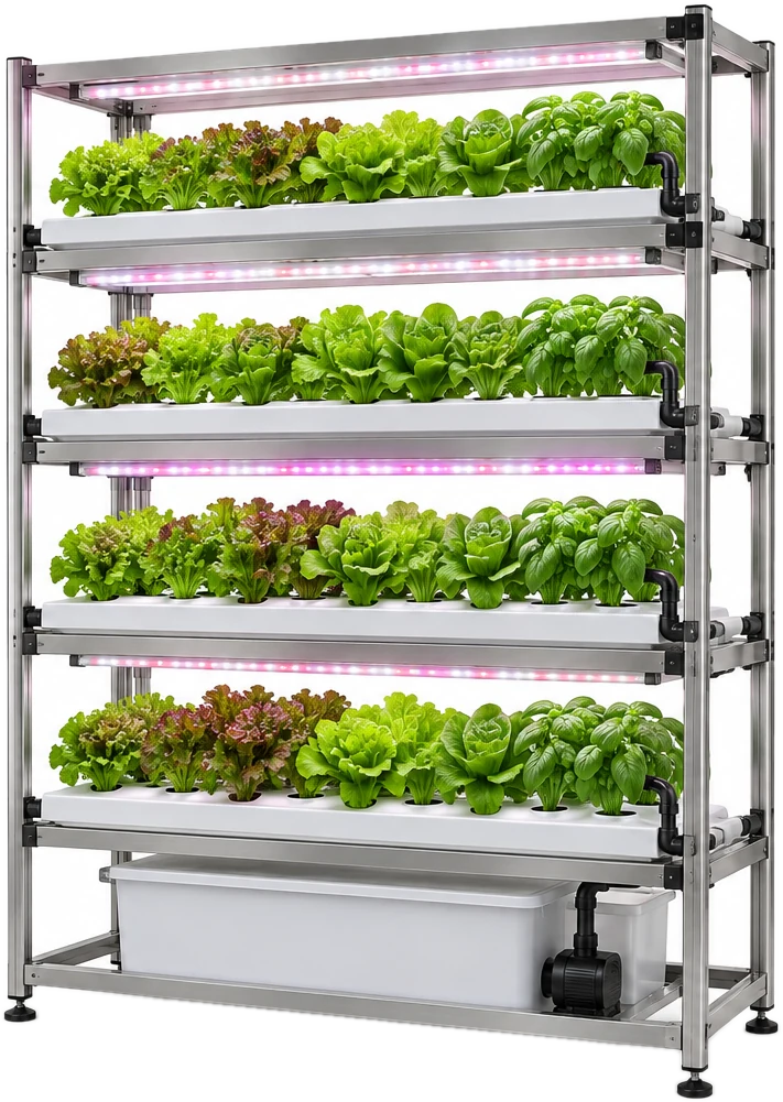 A five-tier rack system with lettuce under LED light