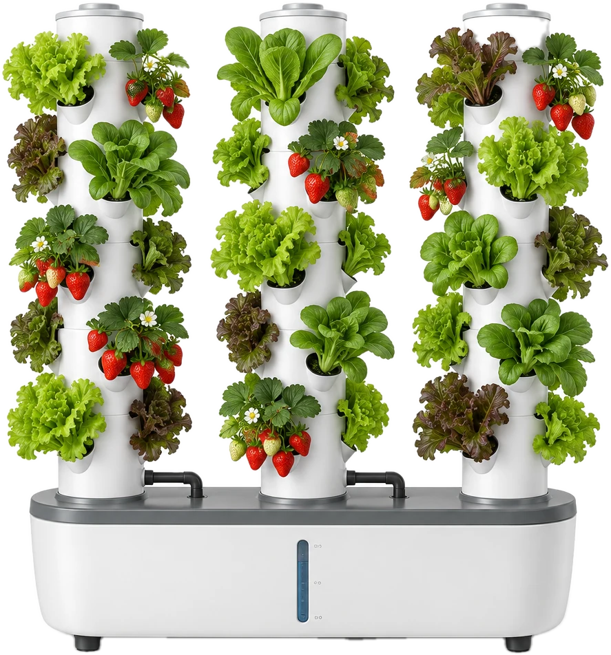 Vertical growing towers with lettuce and strawberries