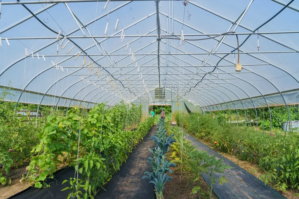 Tall tomato plants in rows inside a greenhouse