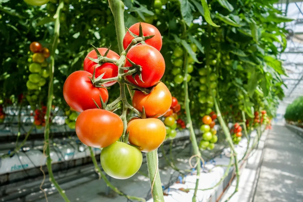 Ripe tomatoes hanging on the vine in a greenhouse