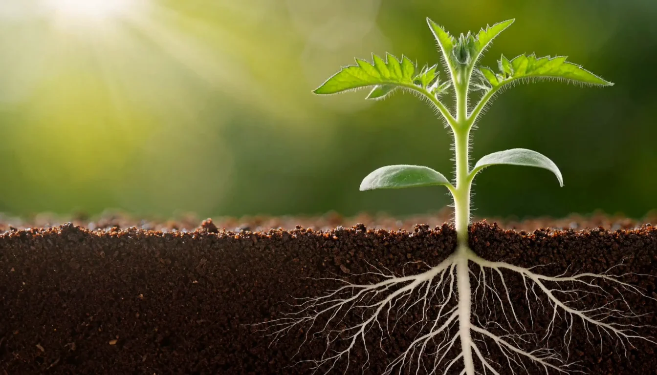 Young seedling with roots in soil in morning light