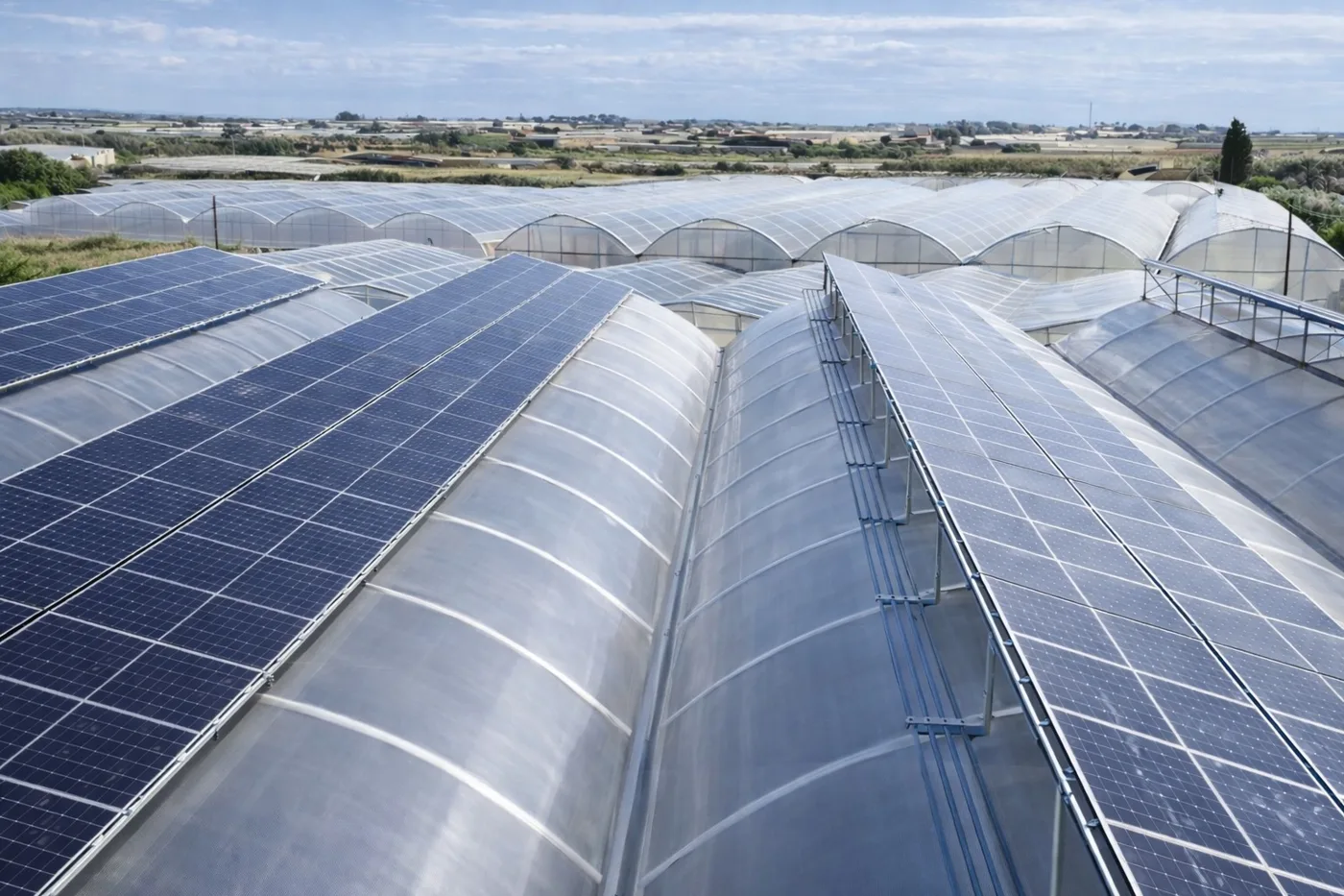 Rows of greenhouse tunnels with solar panels on the roof